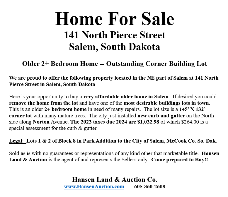 141 North Pierce St. Salem, SD Home Sale hansenauction